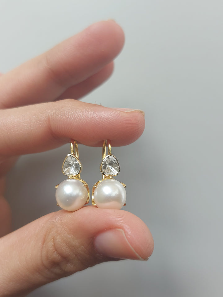 14K gold earrings with teardrop polki diamonds and pearls