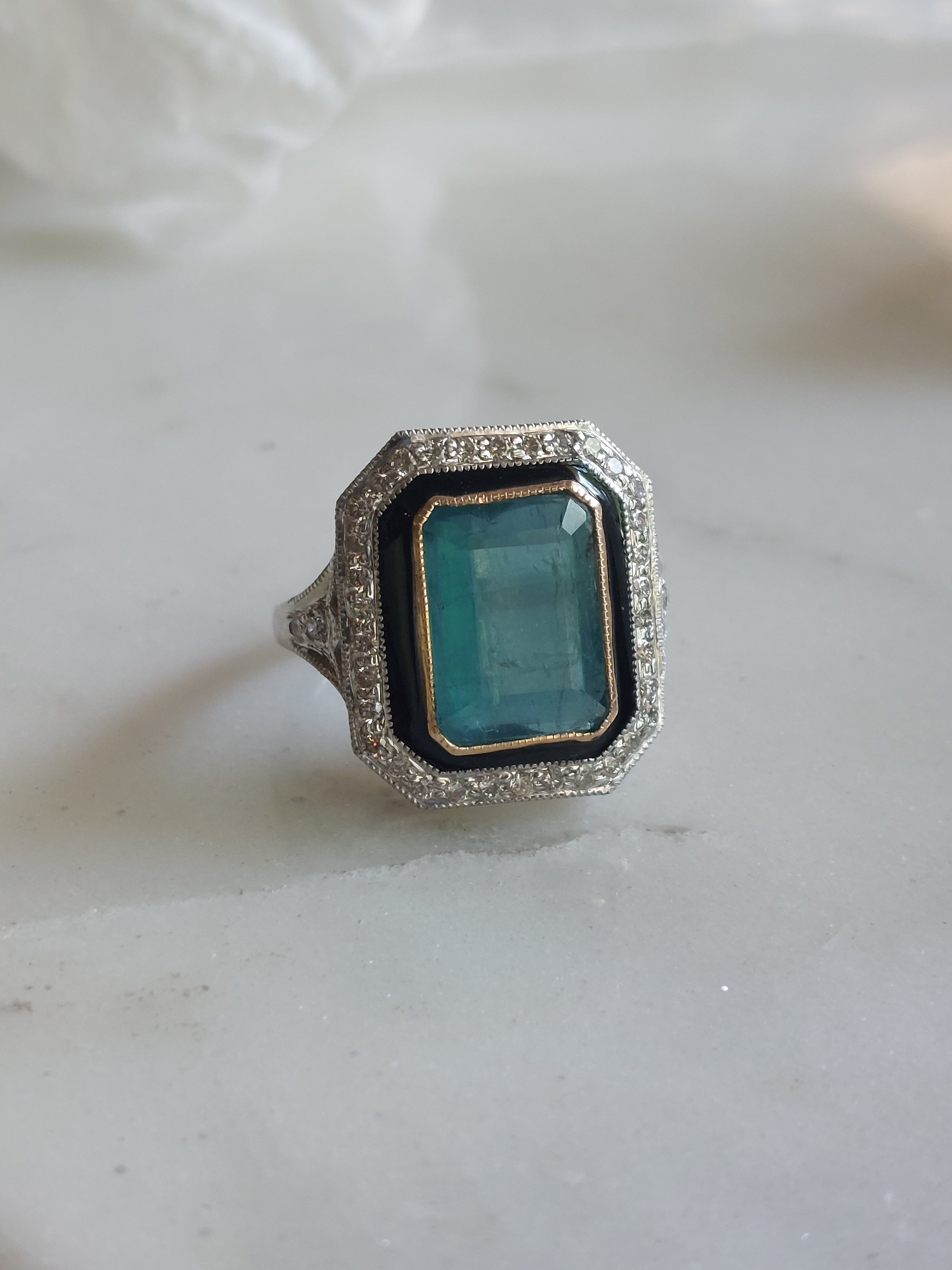Art Deco emerald ring silver setting with clear stones