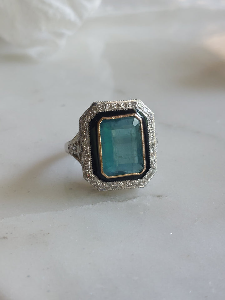 Art Deco emerald ring silver setting with clear stones