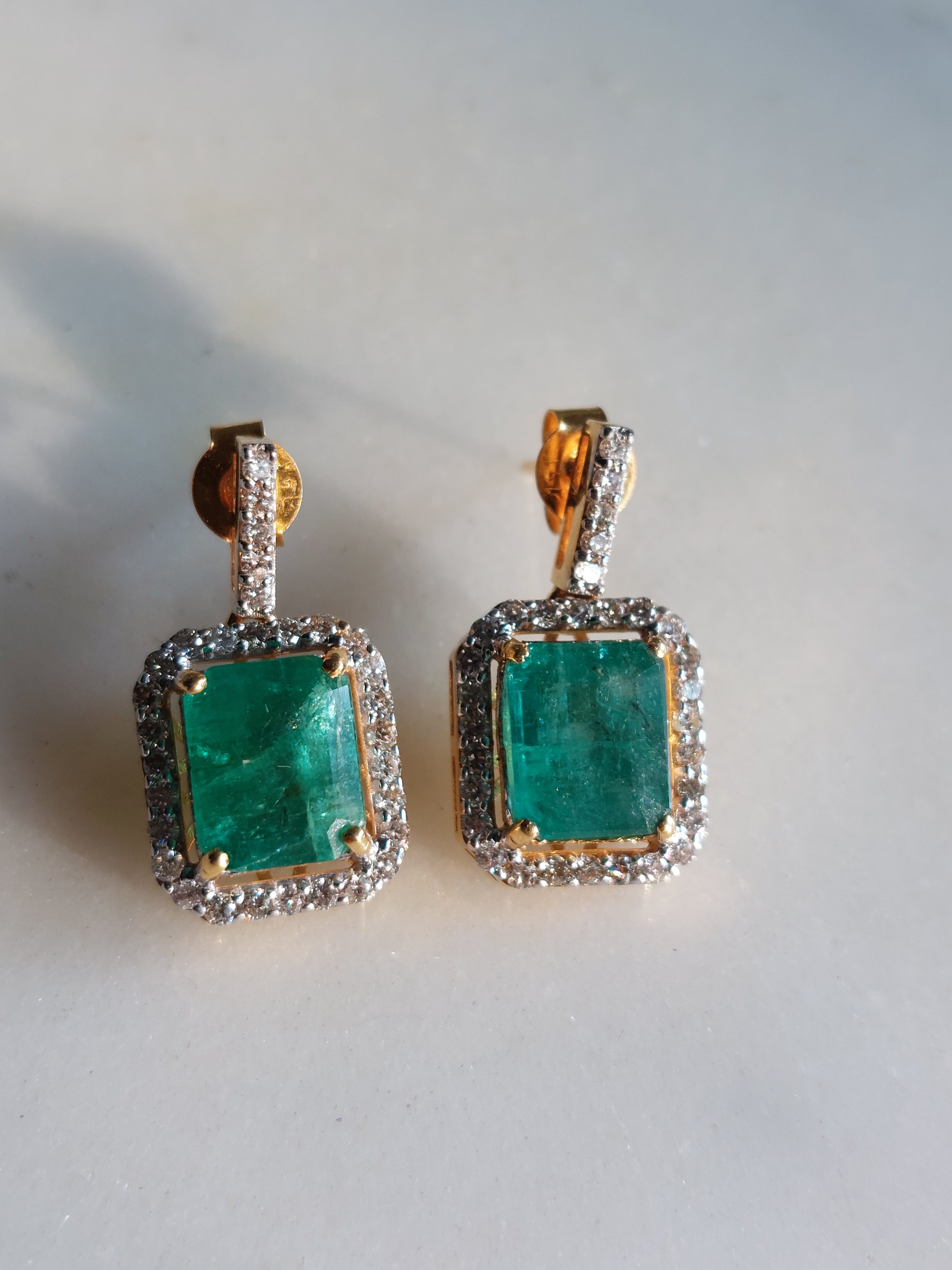 14K gold square emerald diamond halo drop earrings