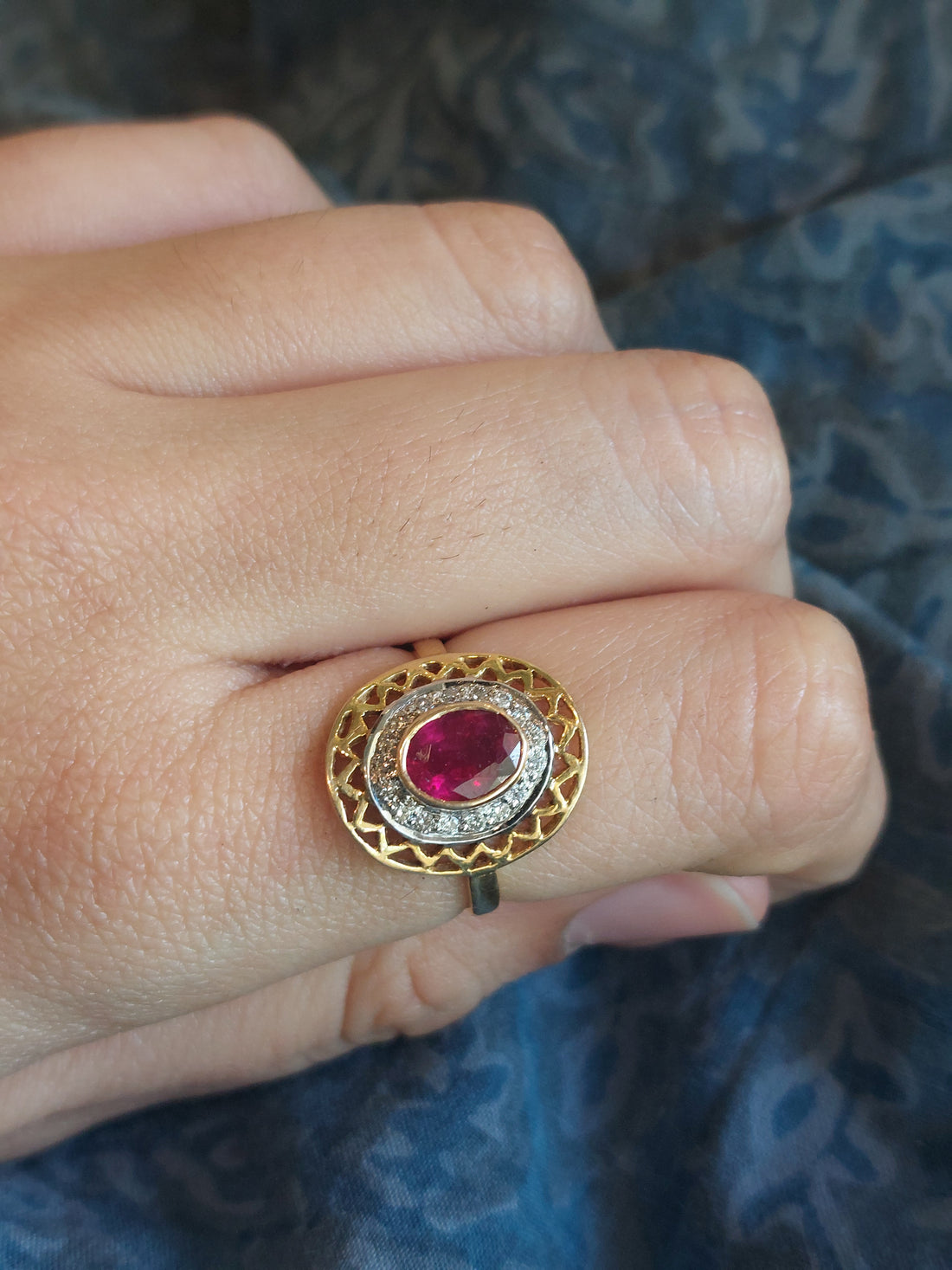 14K gold ruby ring intricate latticework design