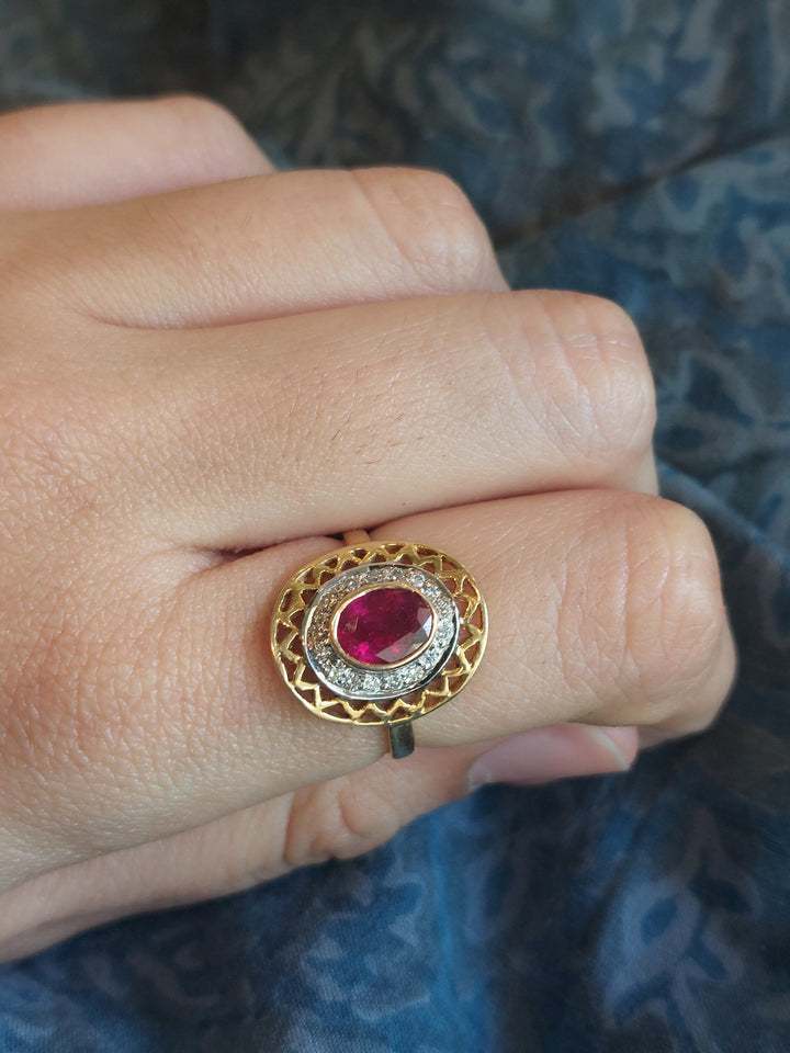 14K gold ruby ring intricate latticework design
