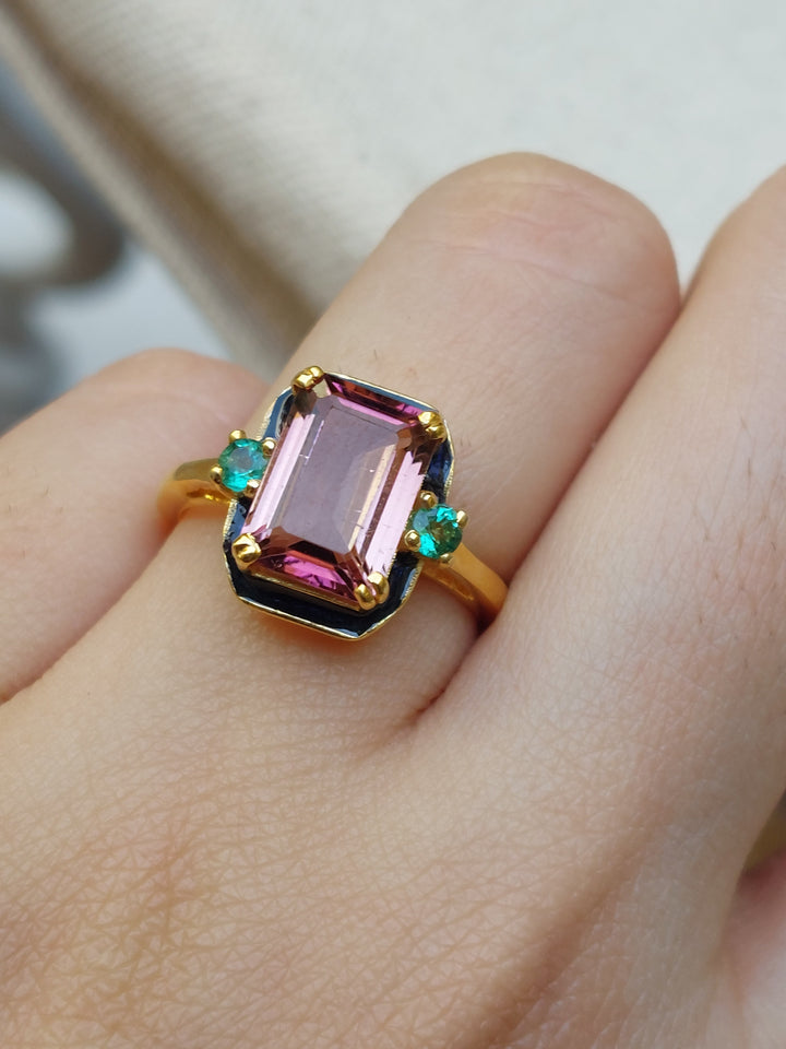 925 silver Zarlasht Ring with pink tourmaline and turquoise accents