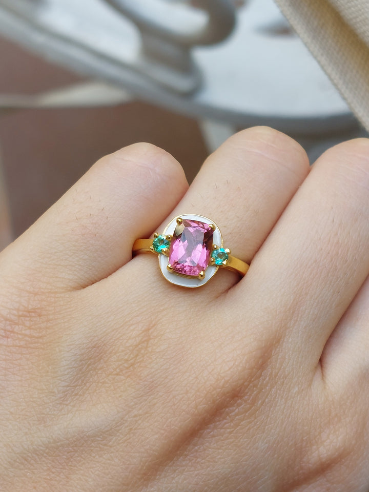 925 silver Maya Ring with rectangular pink tourmaline and turquoise accents