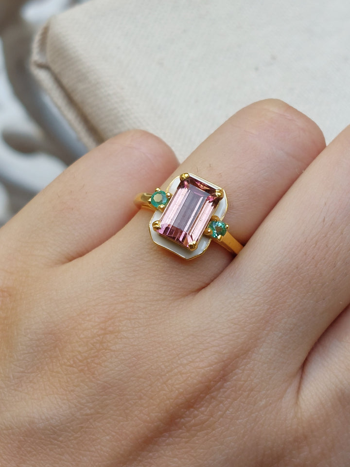 925 silver Samara Ring with emerald and pink tourmaline