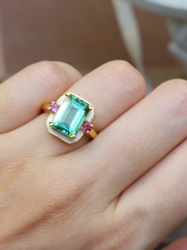 14K gold Zaira Ring with green and pink tourmaline