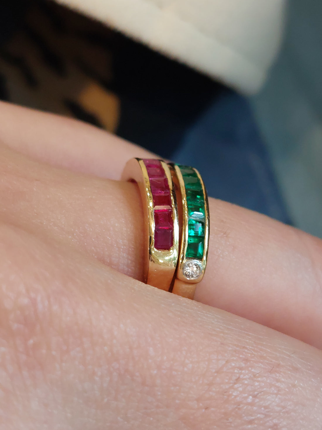14K gold half band ring alternating emerald and ruby stones