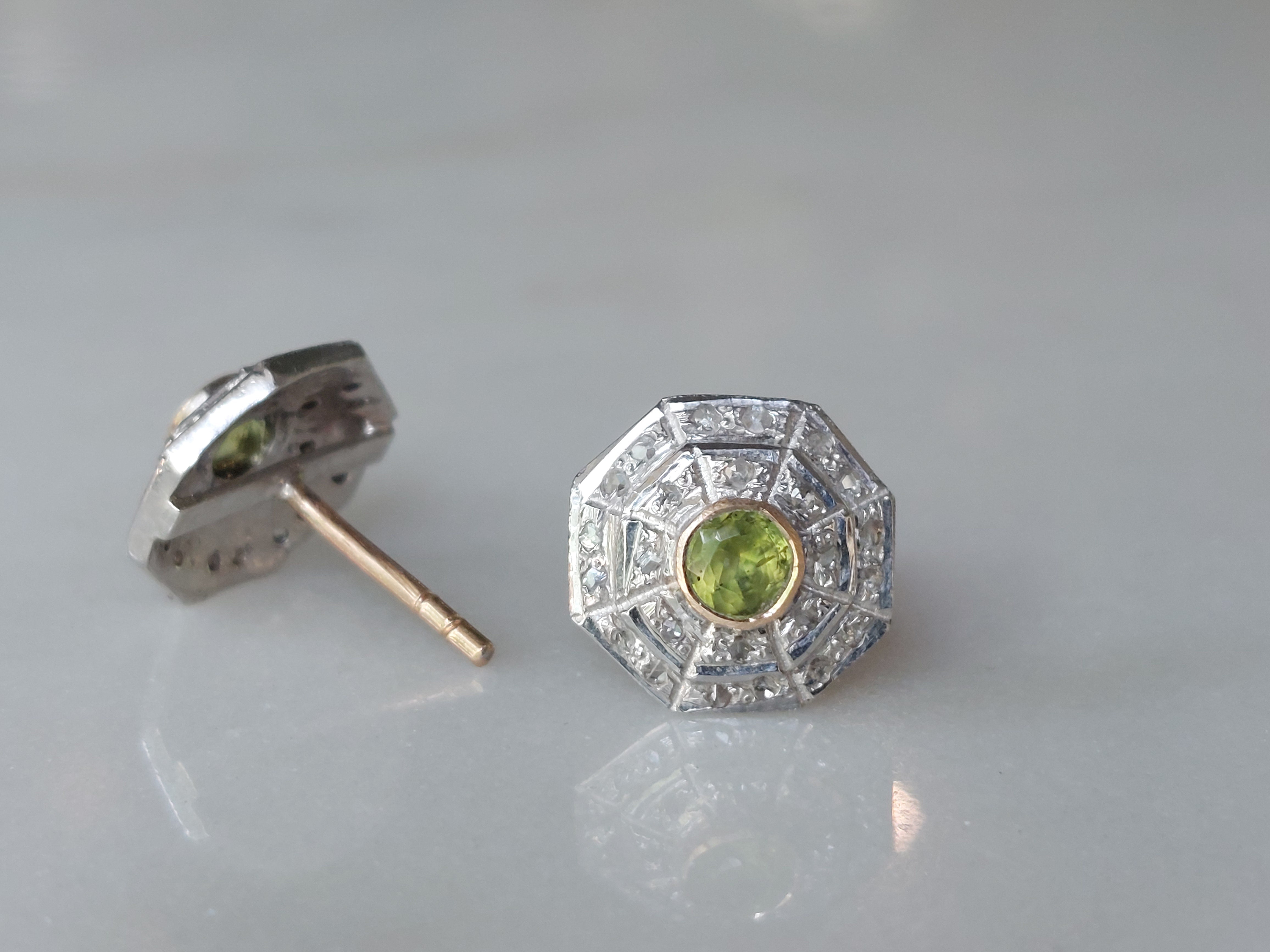 14K gold Art Deco stud earrings with peridot and diamond halo
