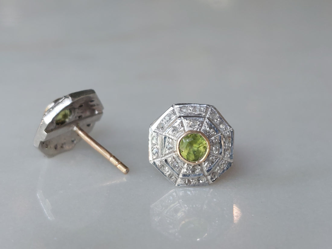 14K gold Art Deco stud earrings with peridot and diamond halo