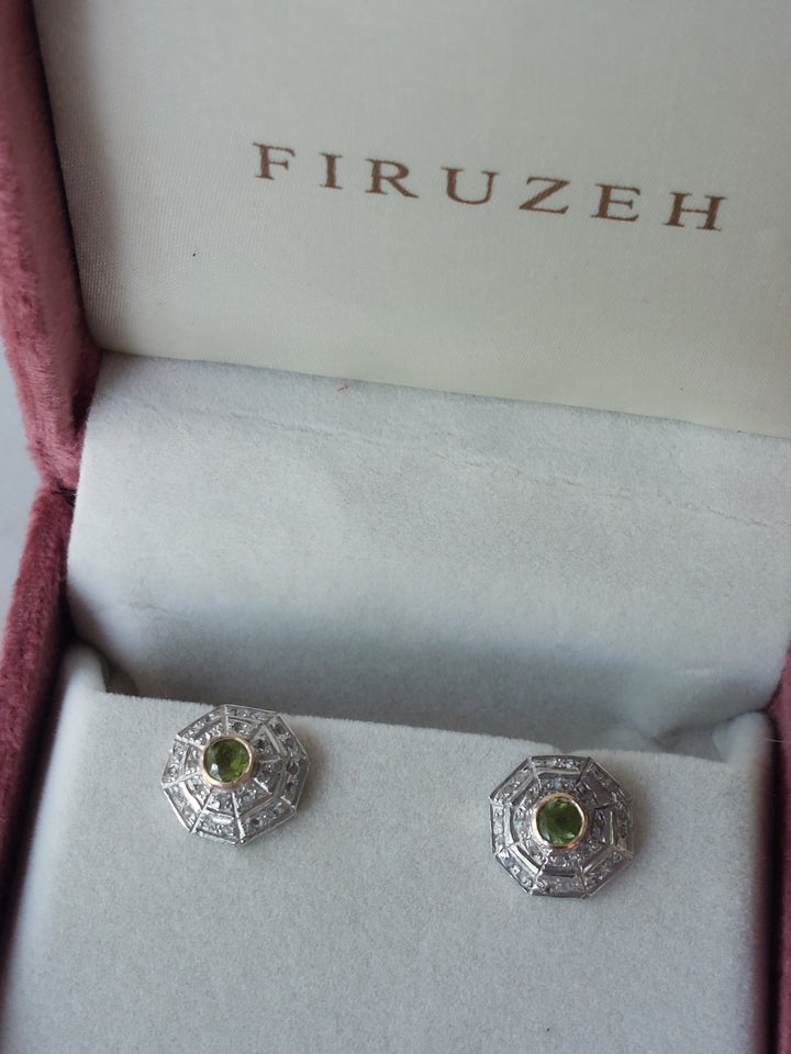 14K gold Art Deco peridot earrings in velvet box