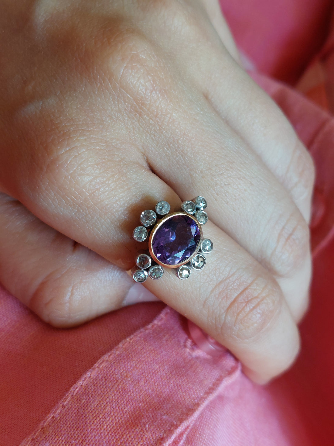 925 silver amethyst ring oval gemstone with clear stones