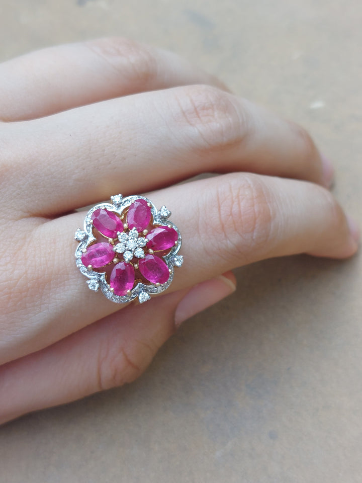 14K gold Ruby Floral Ring with ruby petals and diamond accents