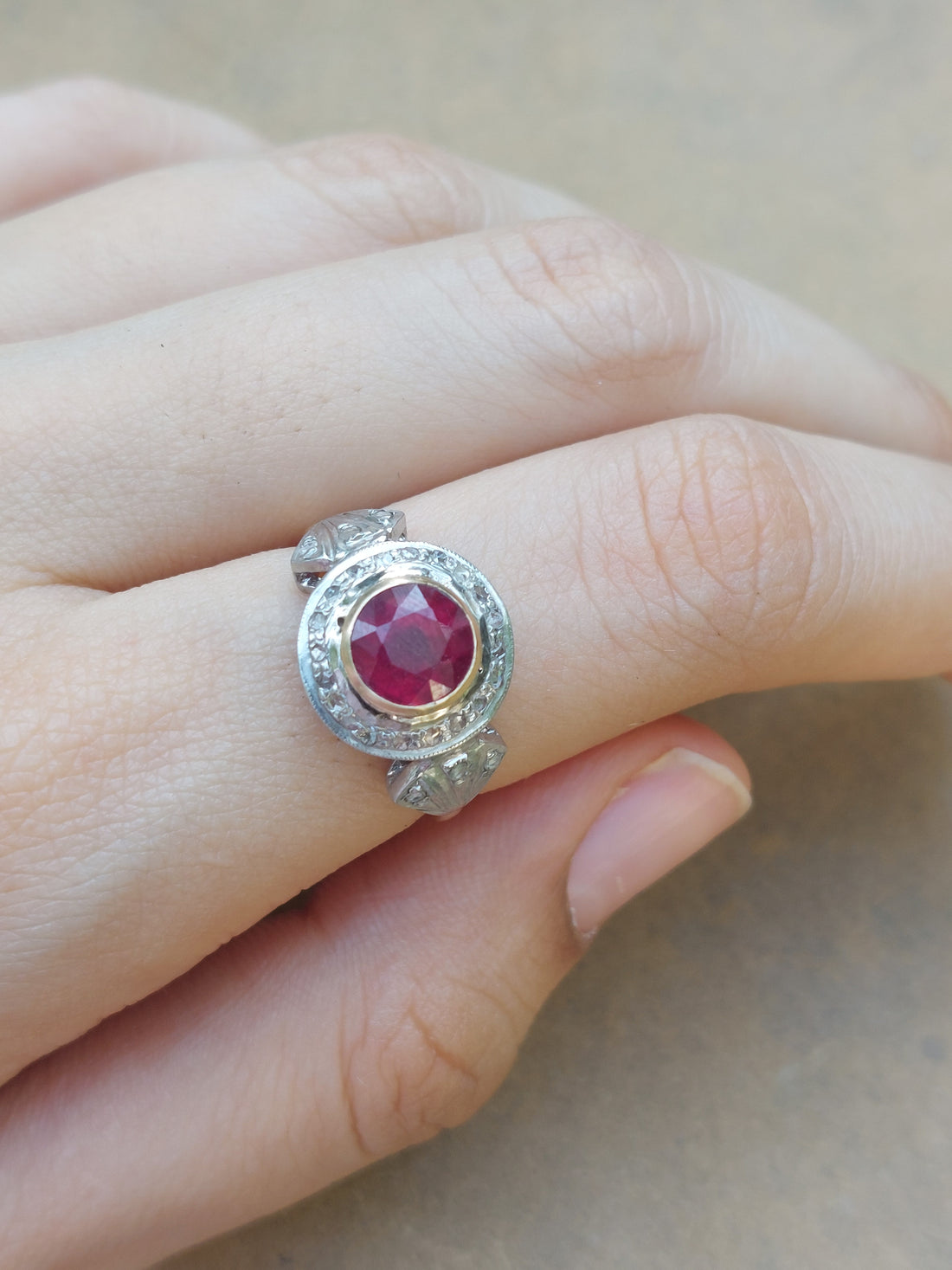 14K gold Rana Ring with round ruby and intricate detailing