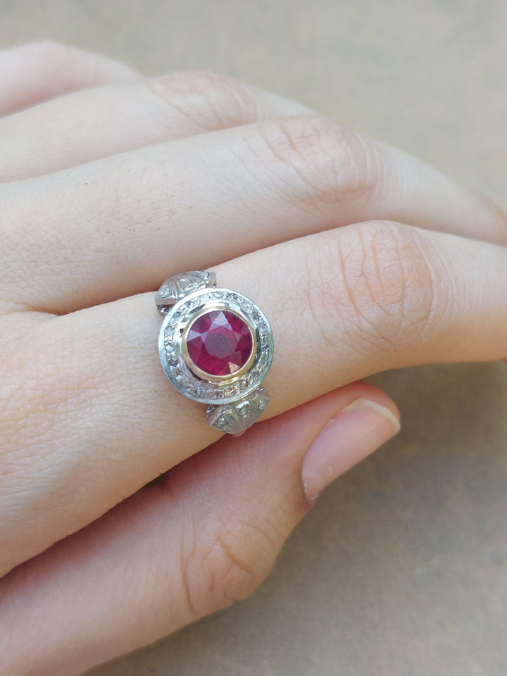 14K gold Rana Ring with round ruby and intricate detailing