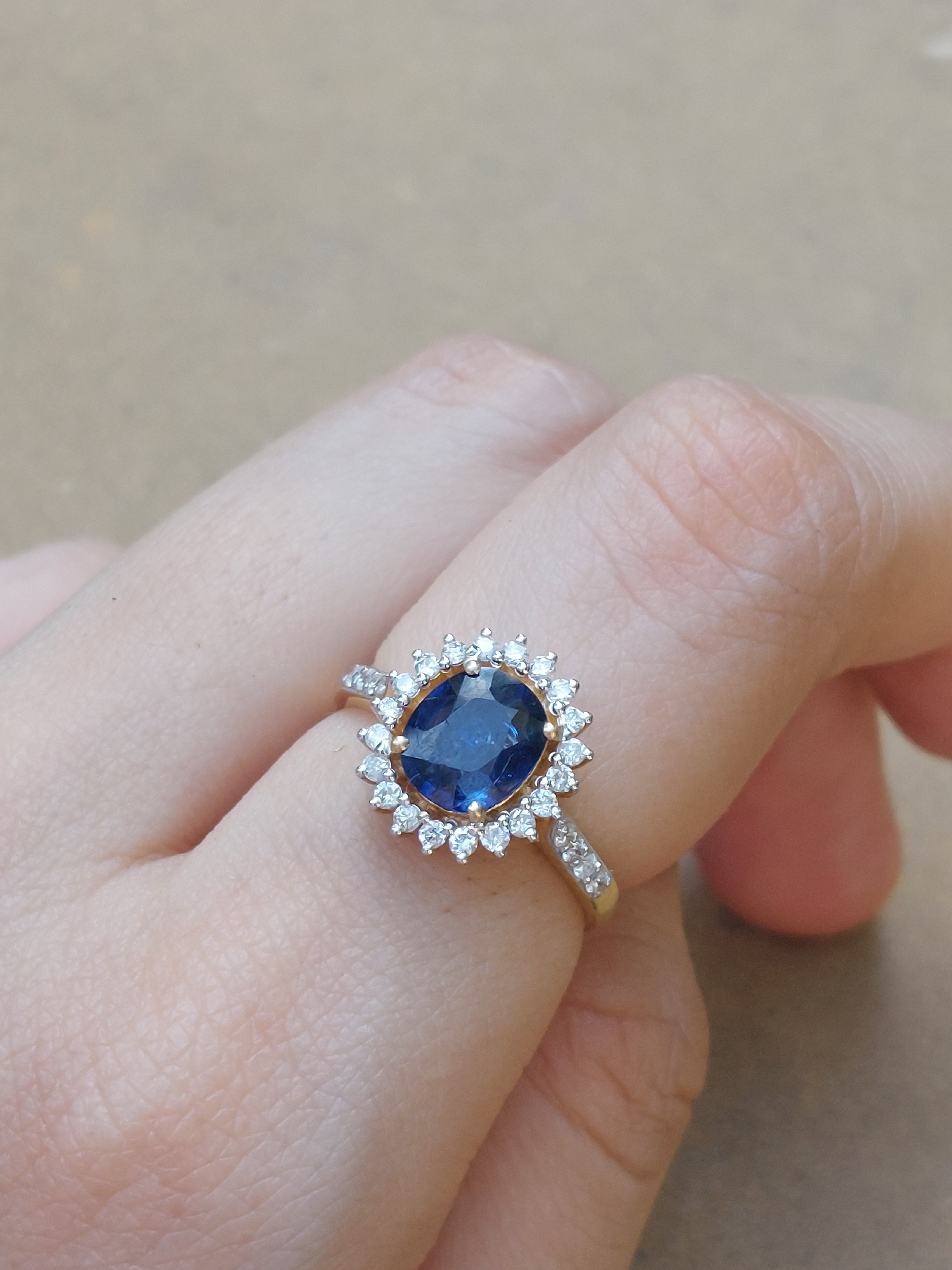 14K gold Nilofar Ring with untreated blue sapphire and diamond filigree