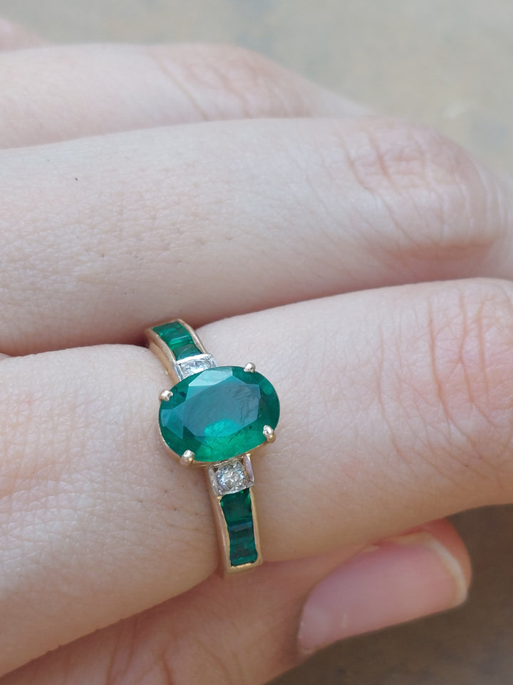 14K gold emerald ring with rectangular stones and diamonds