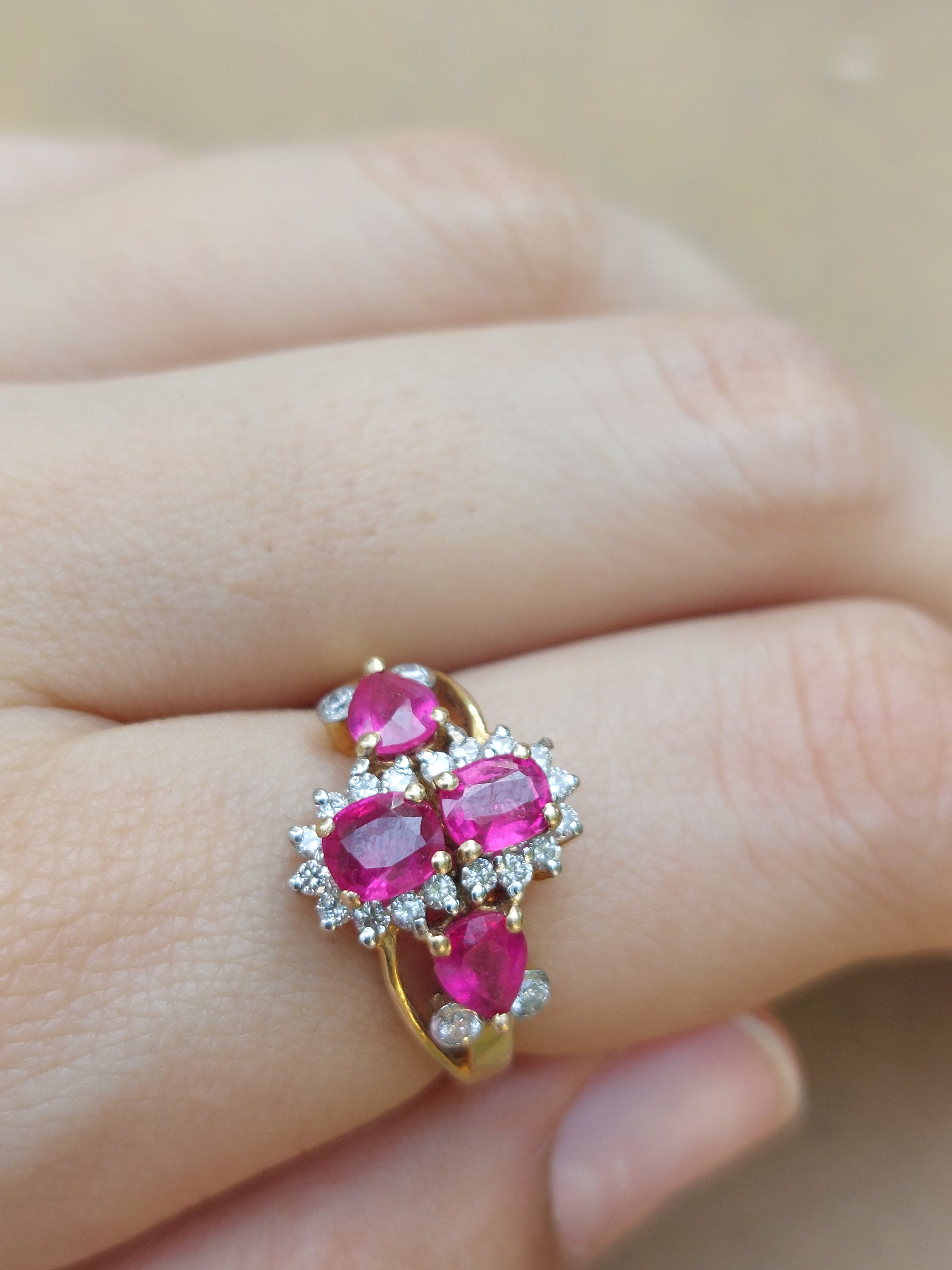 14K gold Maryam Ring with pear-shaped ruby cluster and diamond accents