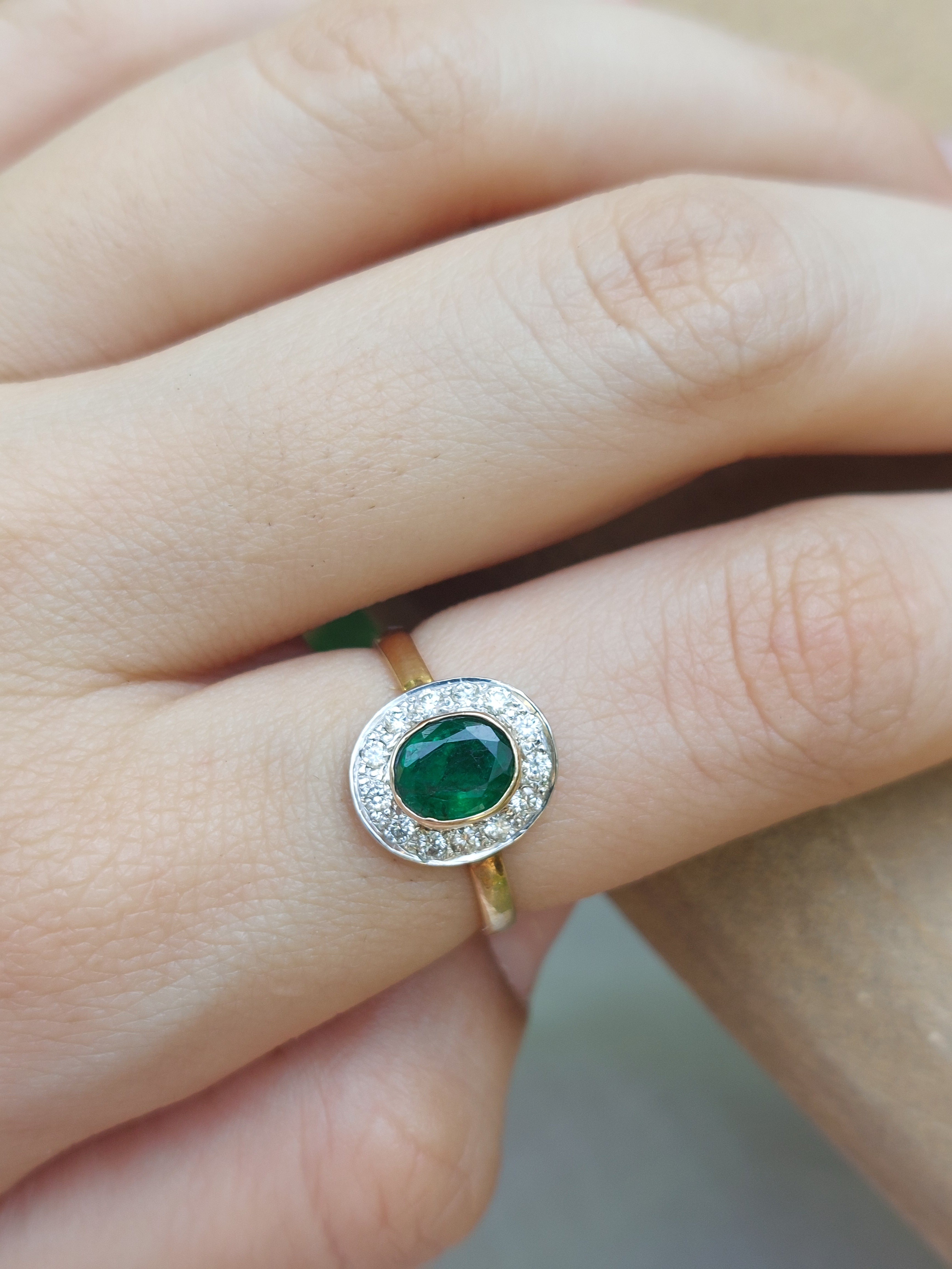 14K gold Salma Ring with oval emerald and diamond halo