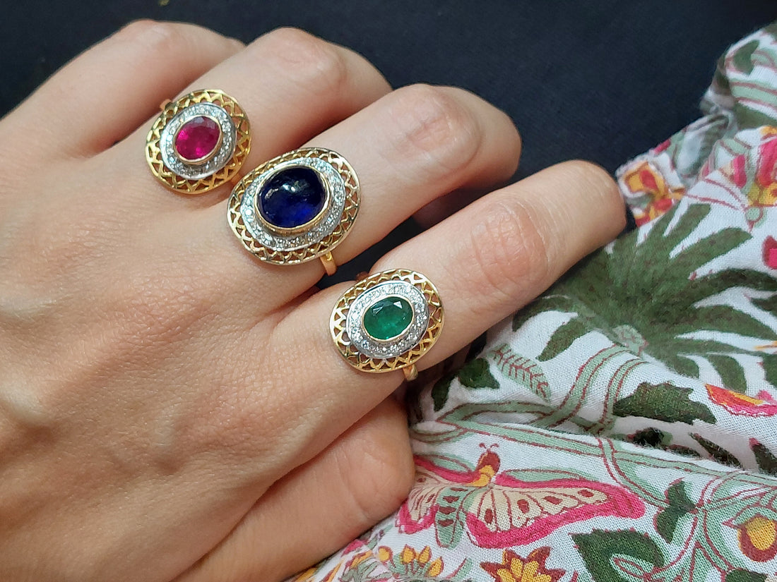 14K gold rings with sapphire, ruby, and emerald gold detailing