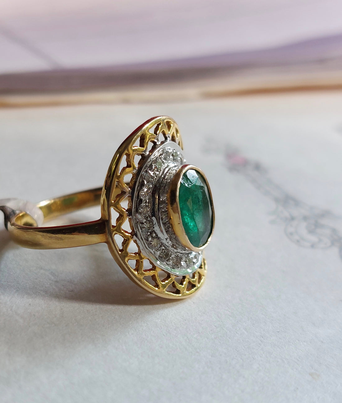 14K gold Emerald Aamira Ring oval emerald filigree detailing