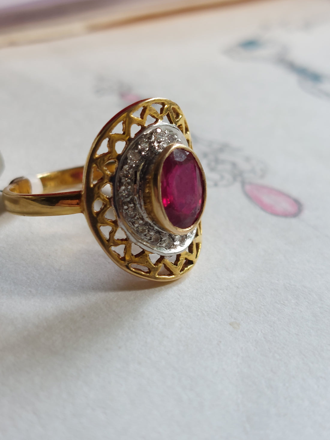 14K gold Ruby Aamira Ring lattice design with oval ruby