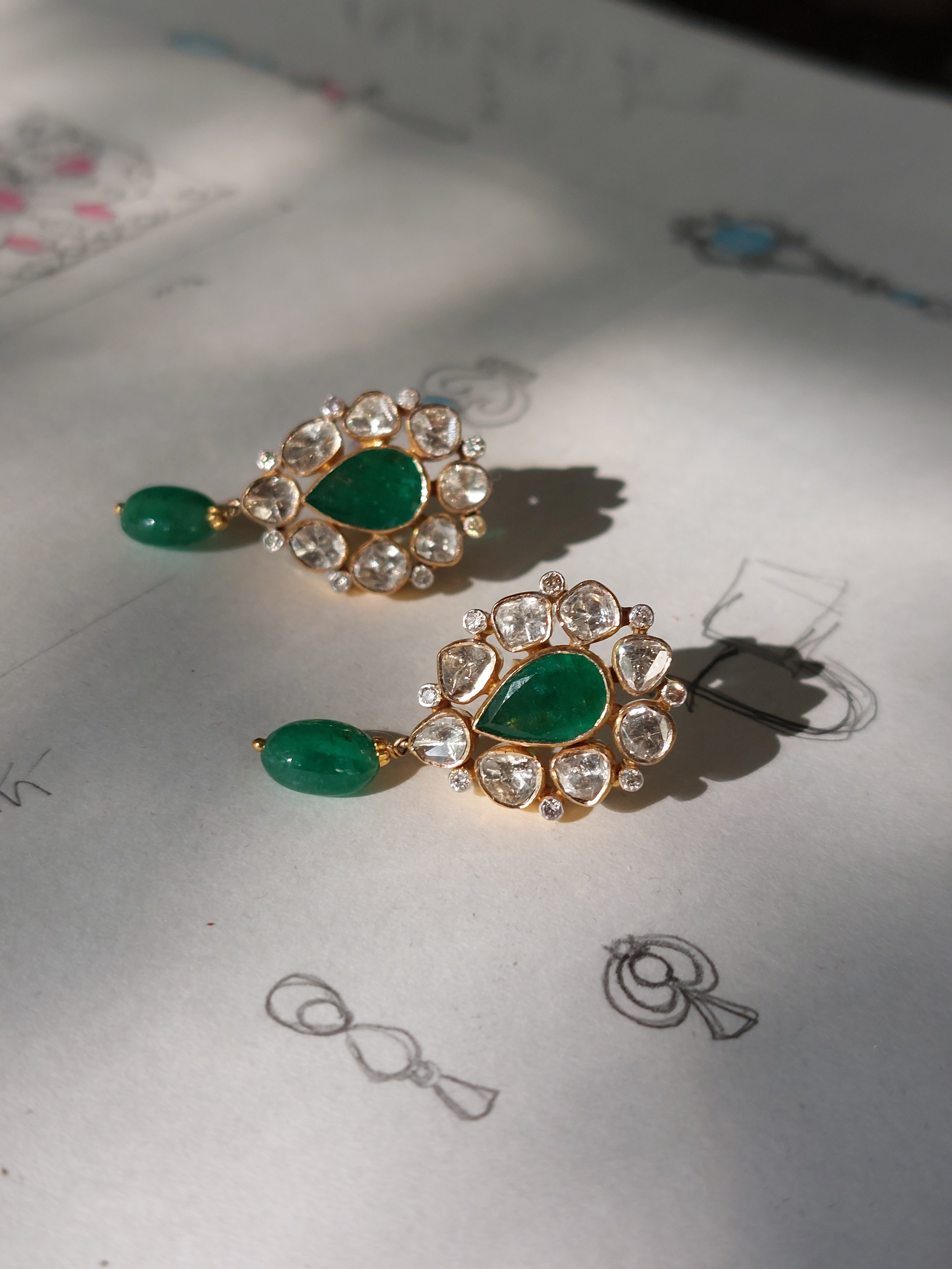 14K gold Sultana Earrings with green teardrop and polki diamonds