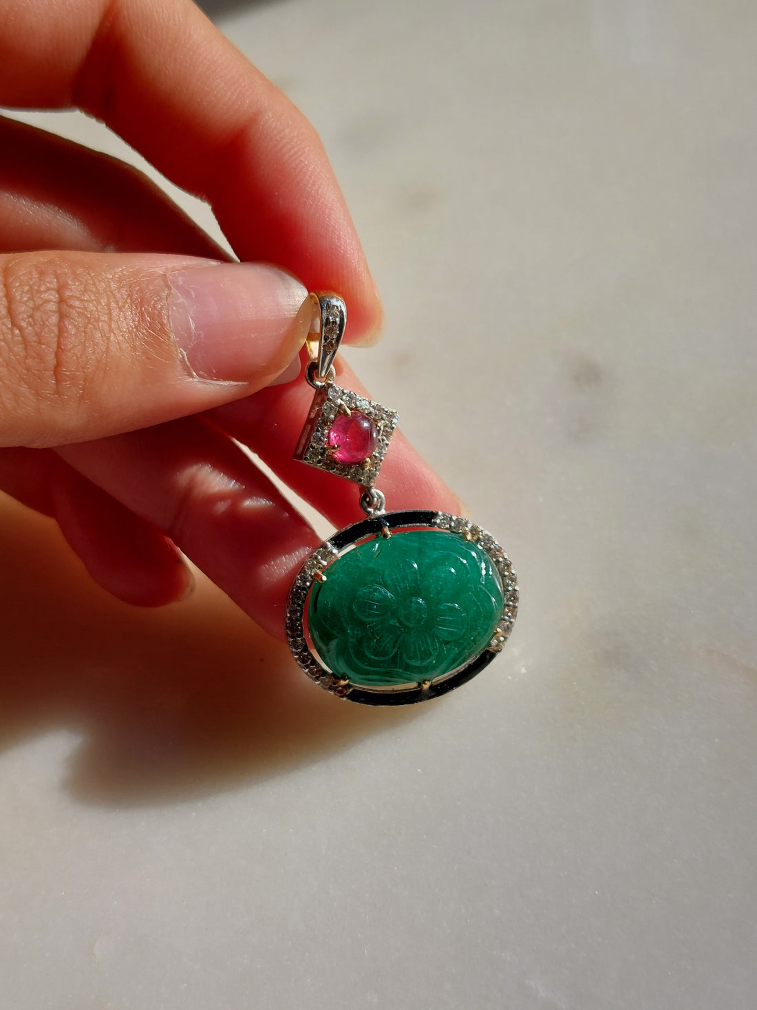 Gold emerald tourmaline pendant mala product detail
