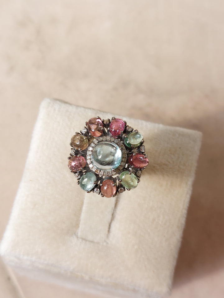 Tourmaline aquamarine diamond halo ring product photo