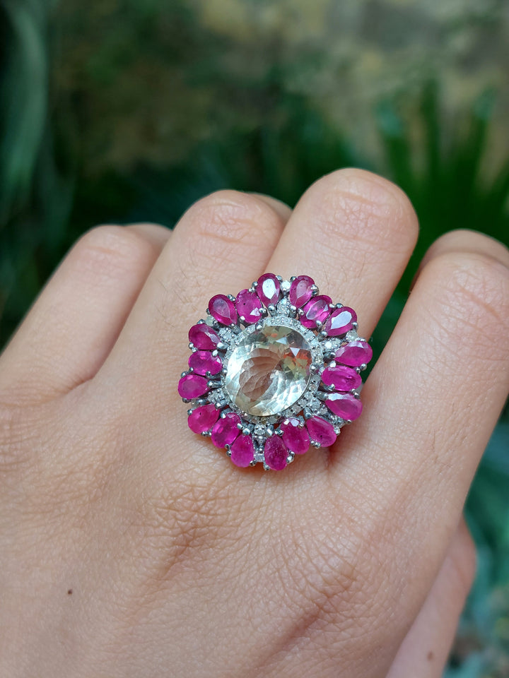 Aquamarine ruby diamond halo ring product photo