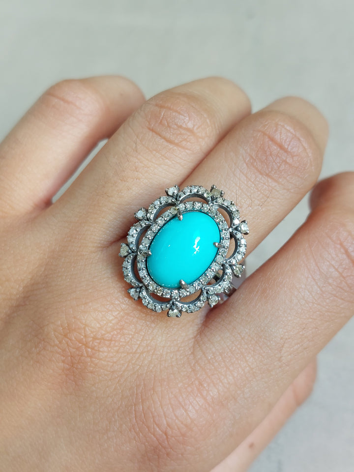 Turquoise diamond halo ring product photo