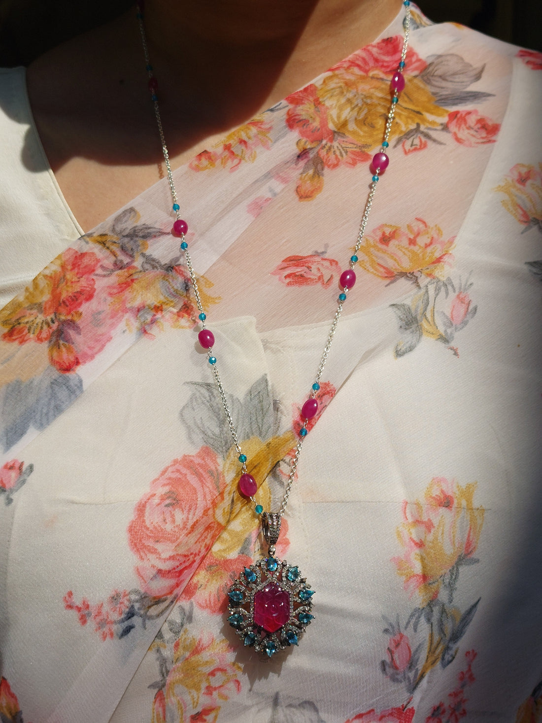 925 silver ruby pendant mala necklace on model
