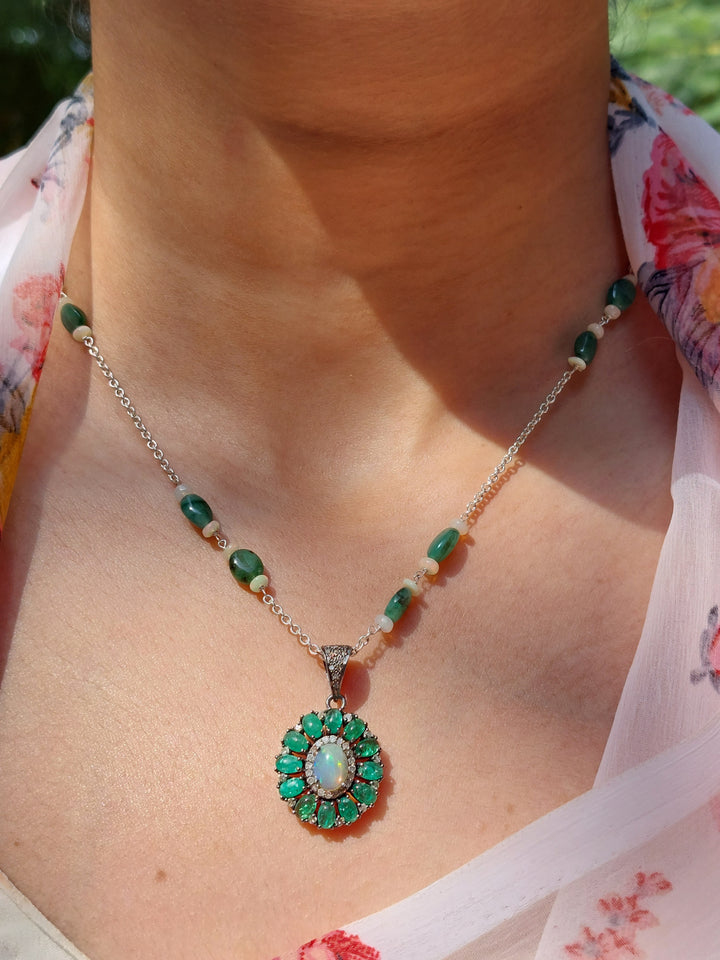 925 silver opal and emerald pendant mala product photo