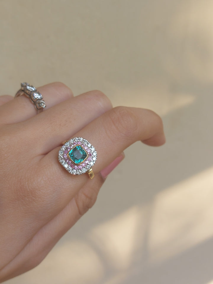 14K gold Fay Ring emerald pink sapphire diamond halo