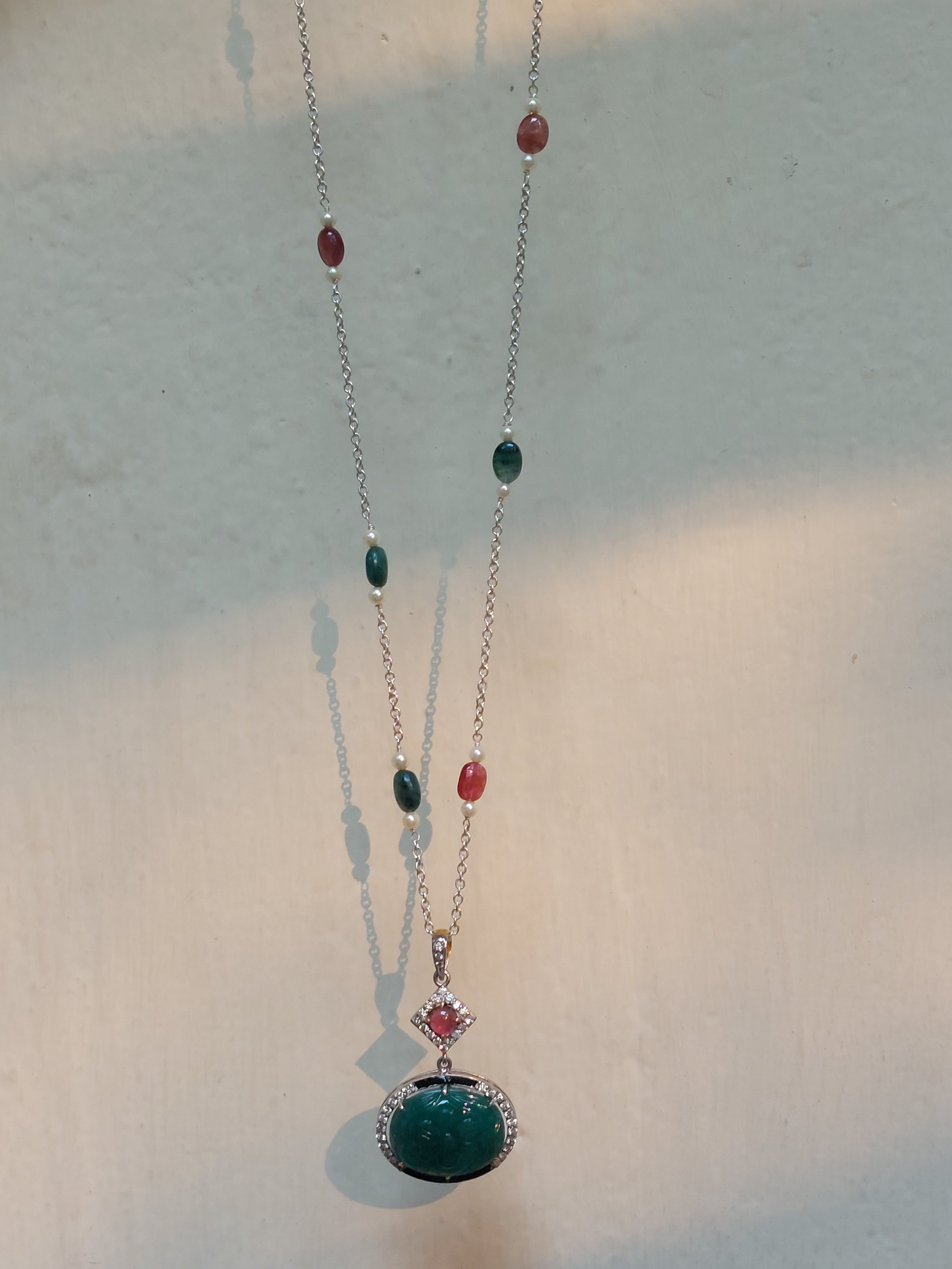 Gold emerald pendant mala with rubellite beads