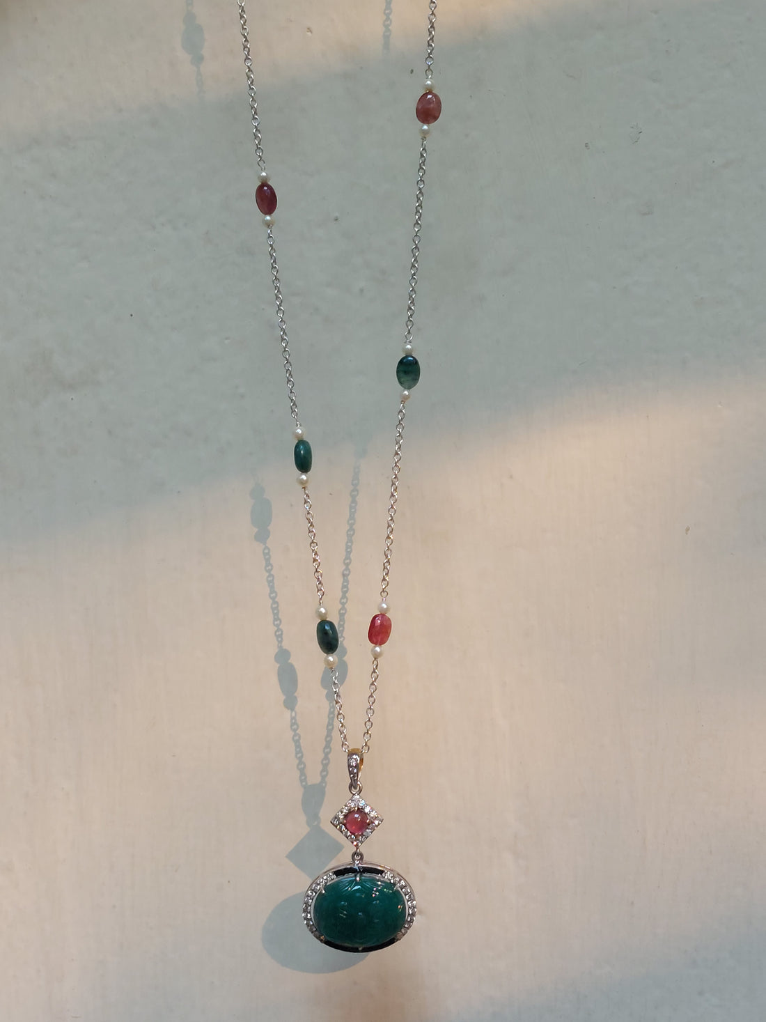 Gold emerald pendant mala with rubellite beads