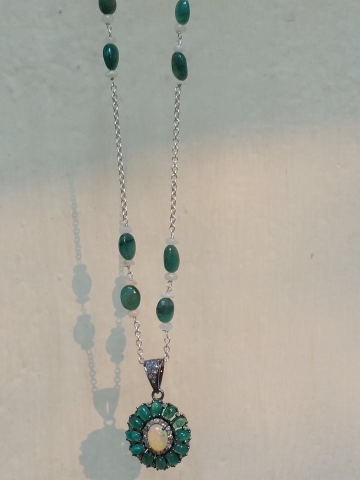 925 silver opal emerald pendant mala alternate angle