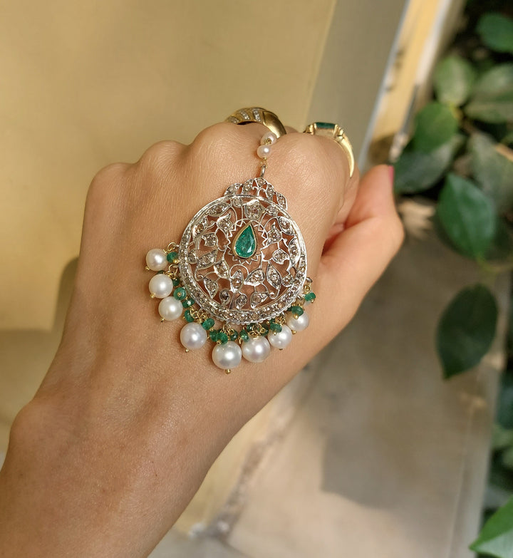 14K gold emerald diamond polki pearl tikka product photo