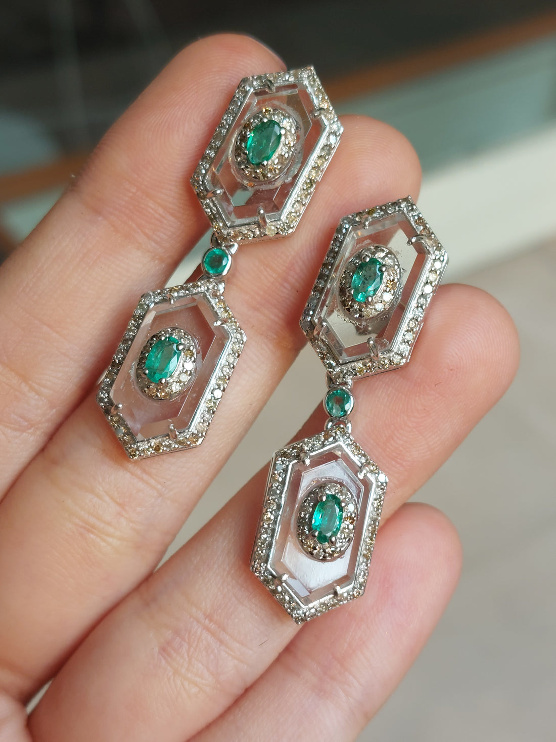 925 silver emerald diamond earrings close-up detail
