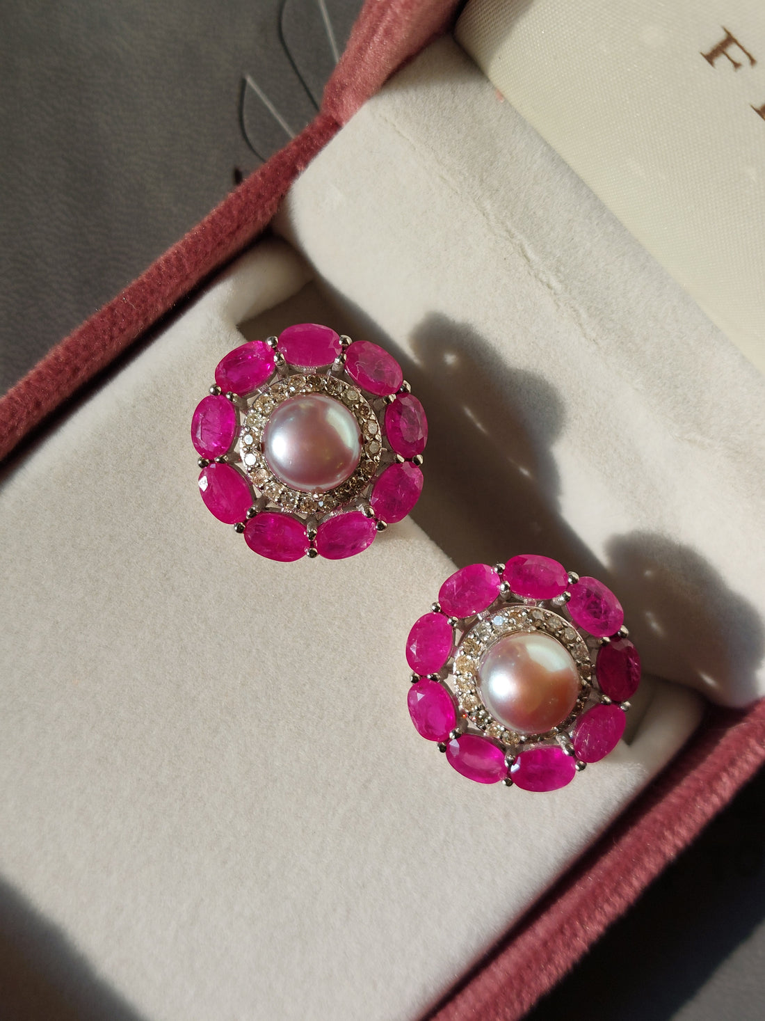925 silver Zinnia Earrings pearl and ruby alternate view