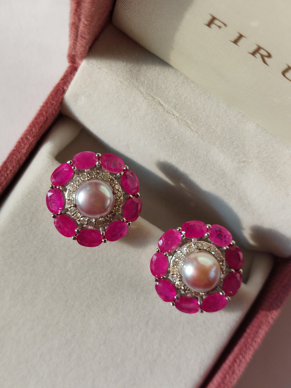 925 silver Zinnia Earrings with pearl and ruby detailing