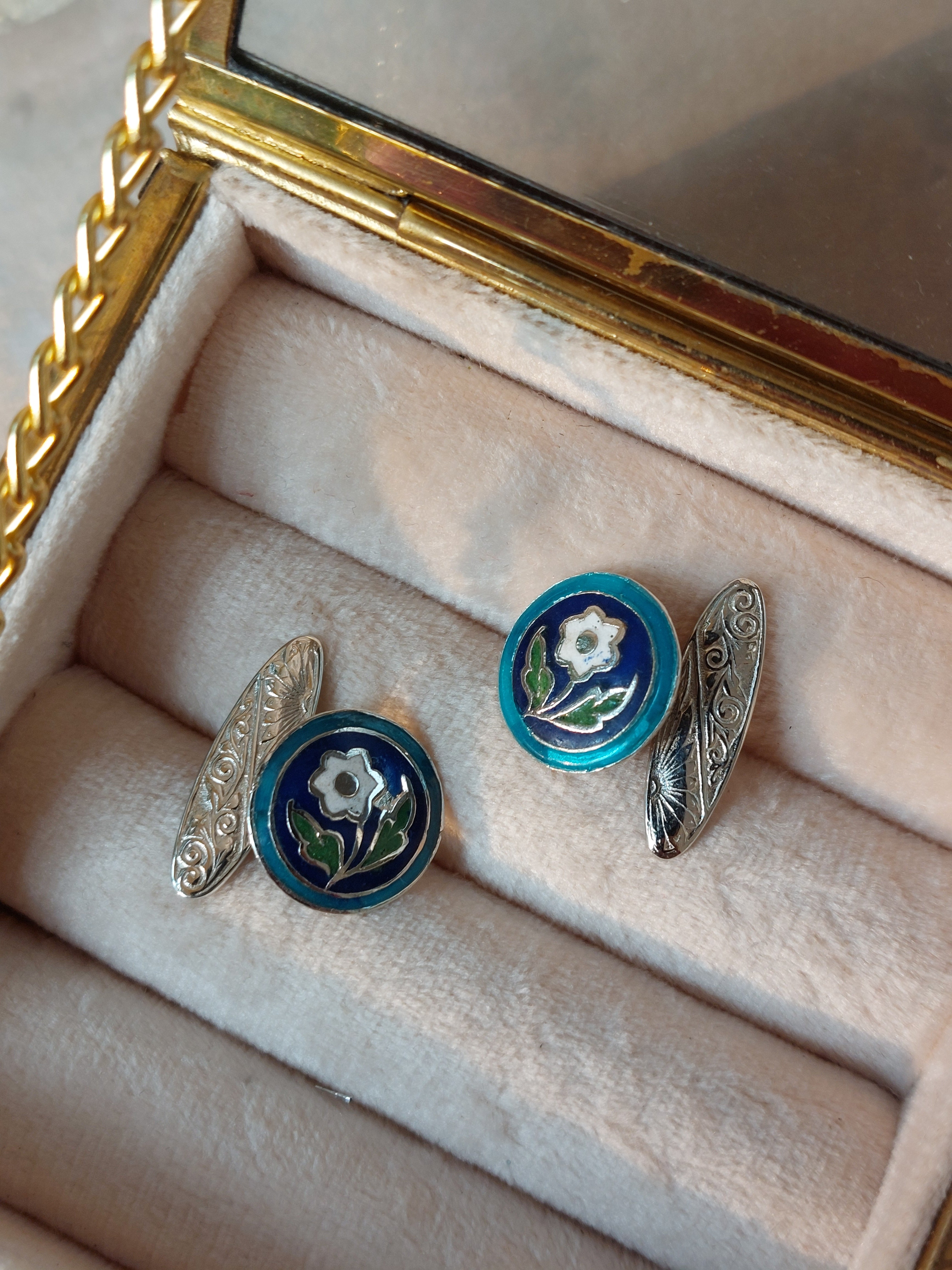 Vintage sterling silver enamel cufflinks close-up detail