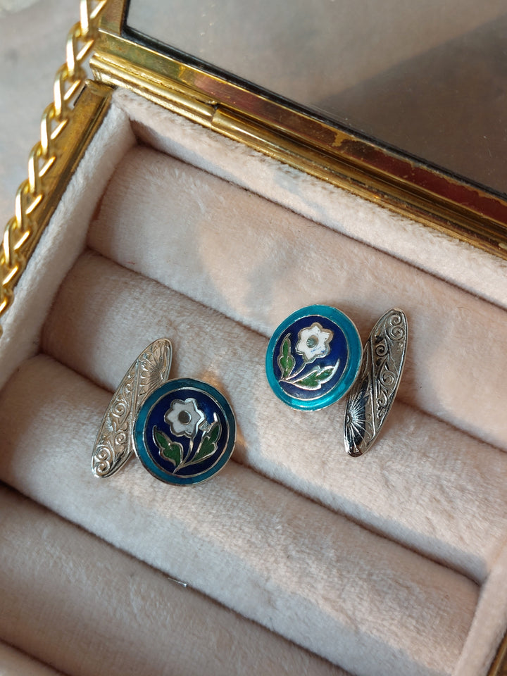 Vintage sterling silver enamel cufflinks close-up detail