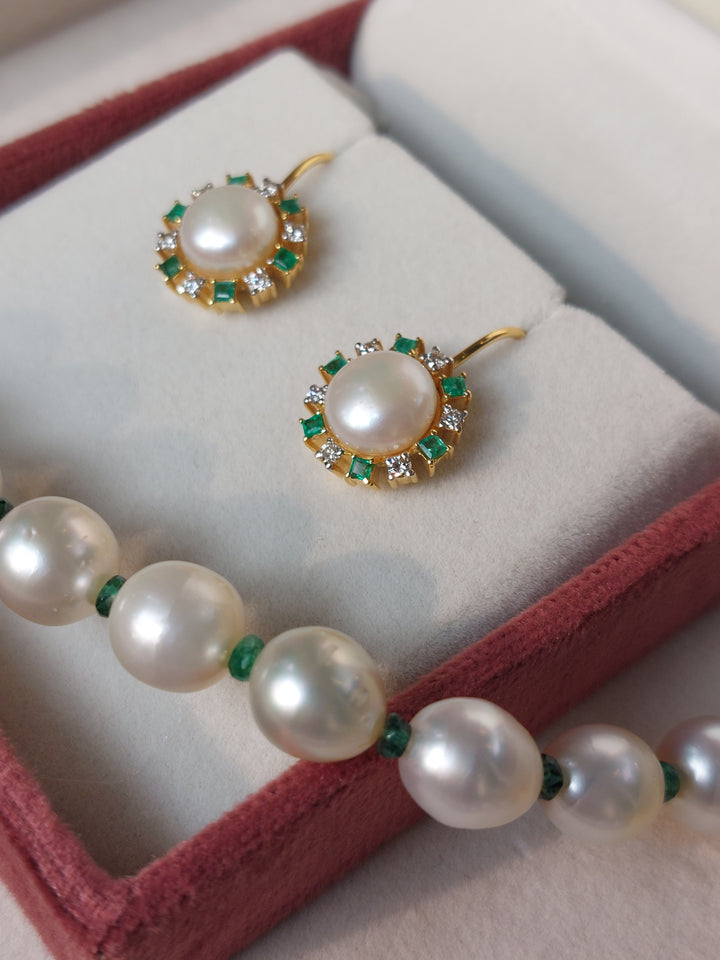 14K gold Emerald Pearl Drop earrings with diamonds