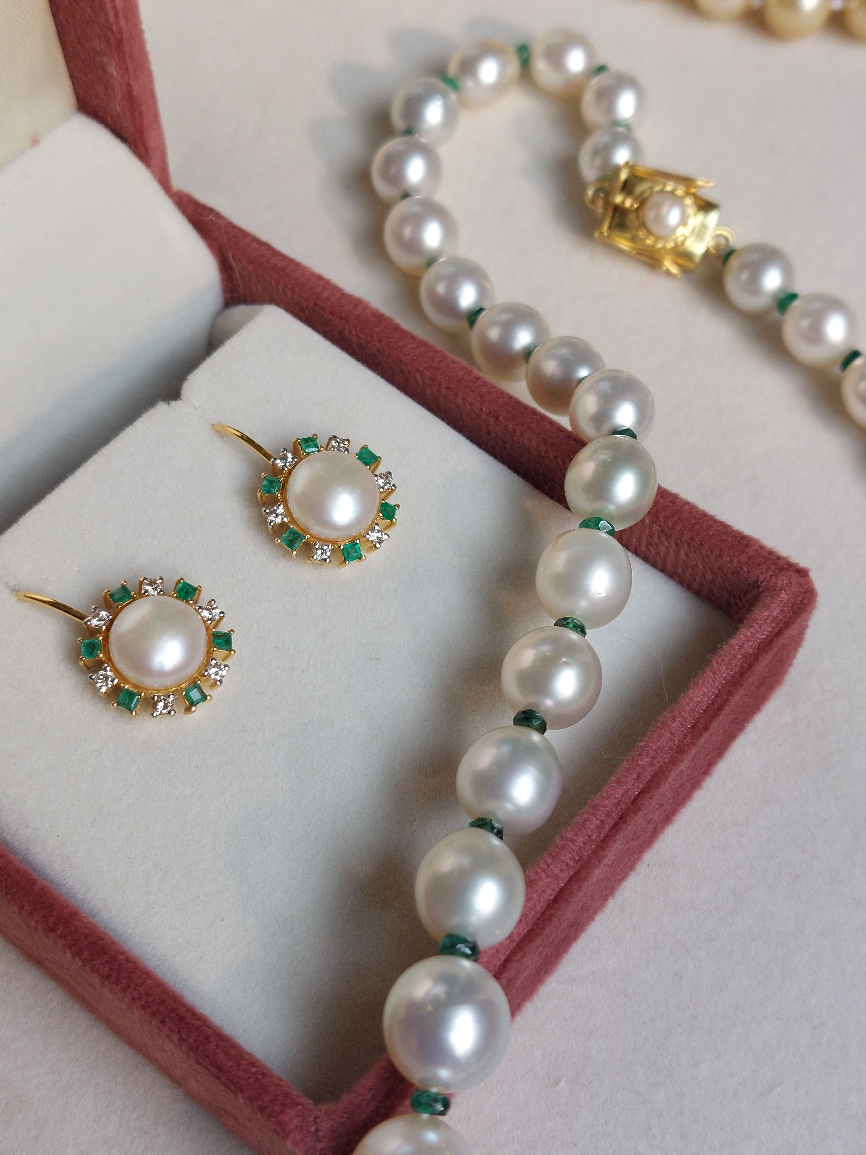 14K gold emerald pearl drop earrings worn by model