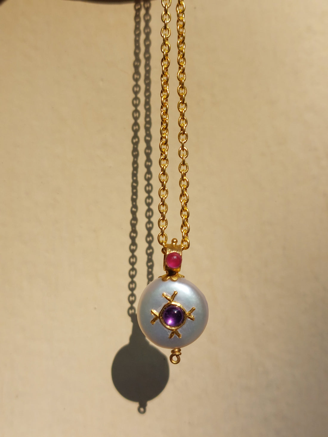 22K gold freshwater pearl and amethyst pendant product photo
