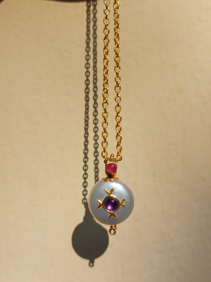 22K gold freshwater pearl and amethyst pendant product photo