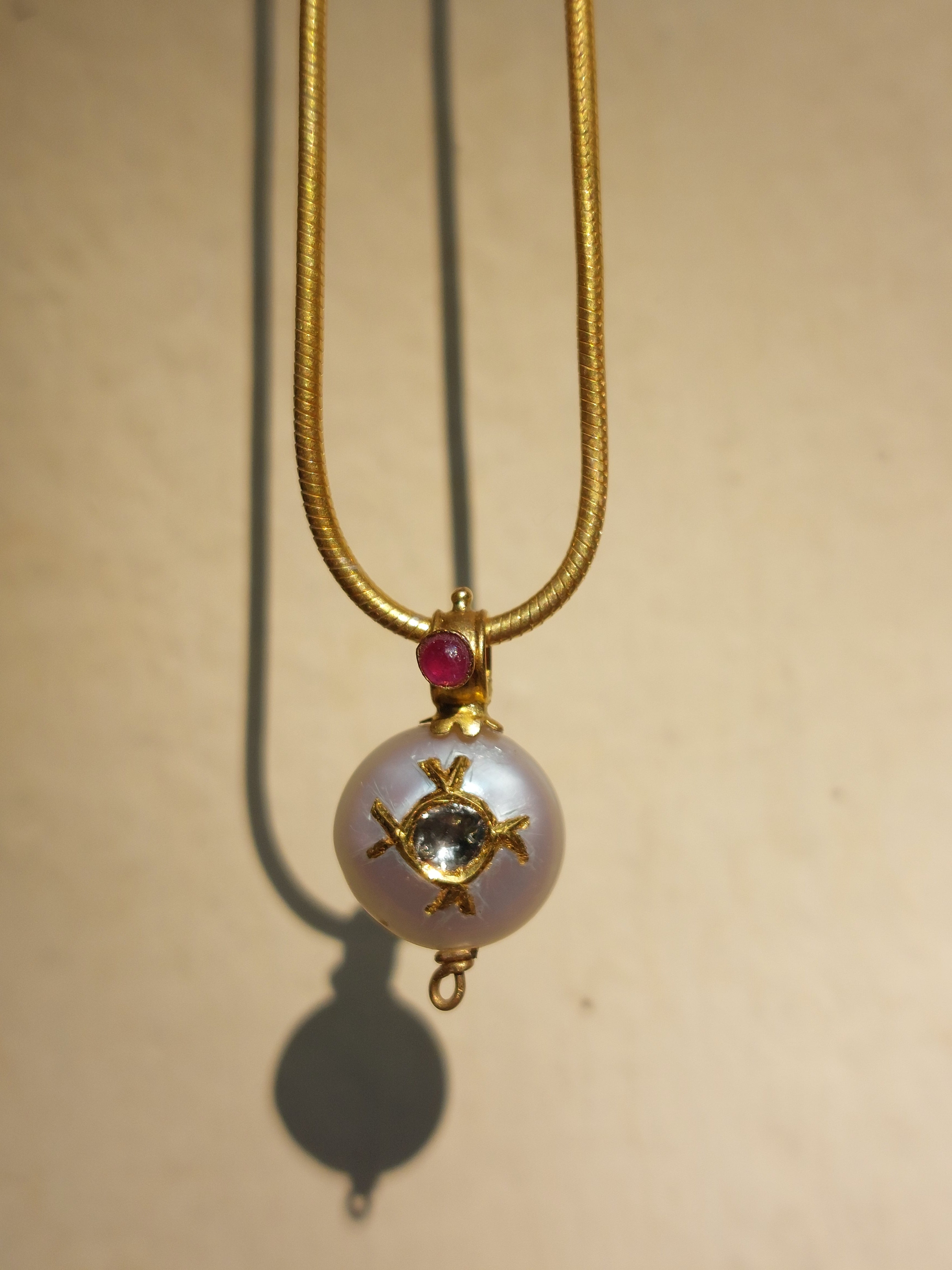 22K gold freshwater pearl and ruby polki pendant product photo