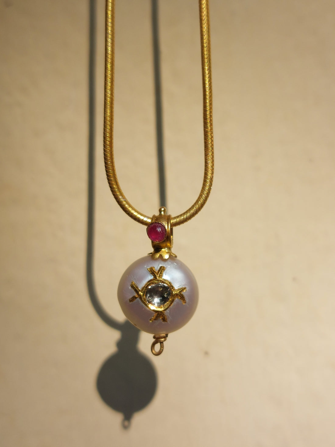22K gold freshwater pearl and ruby polki pendant product photo