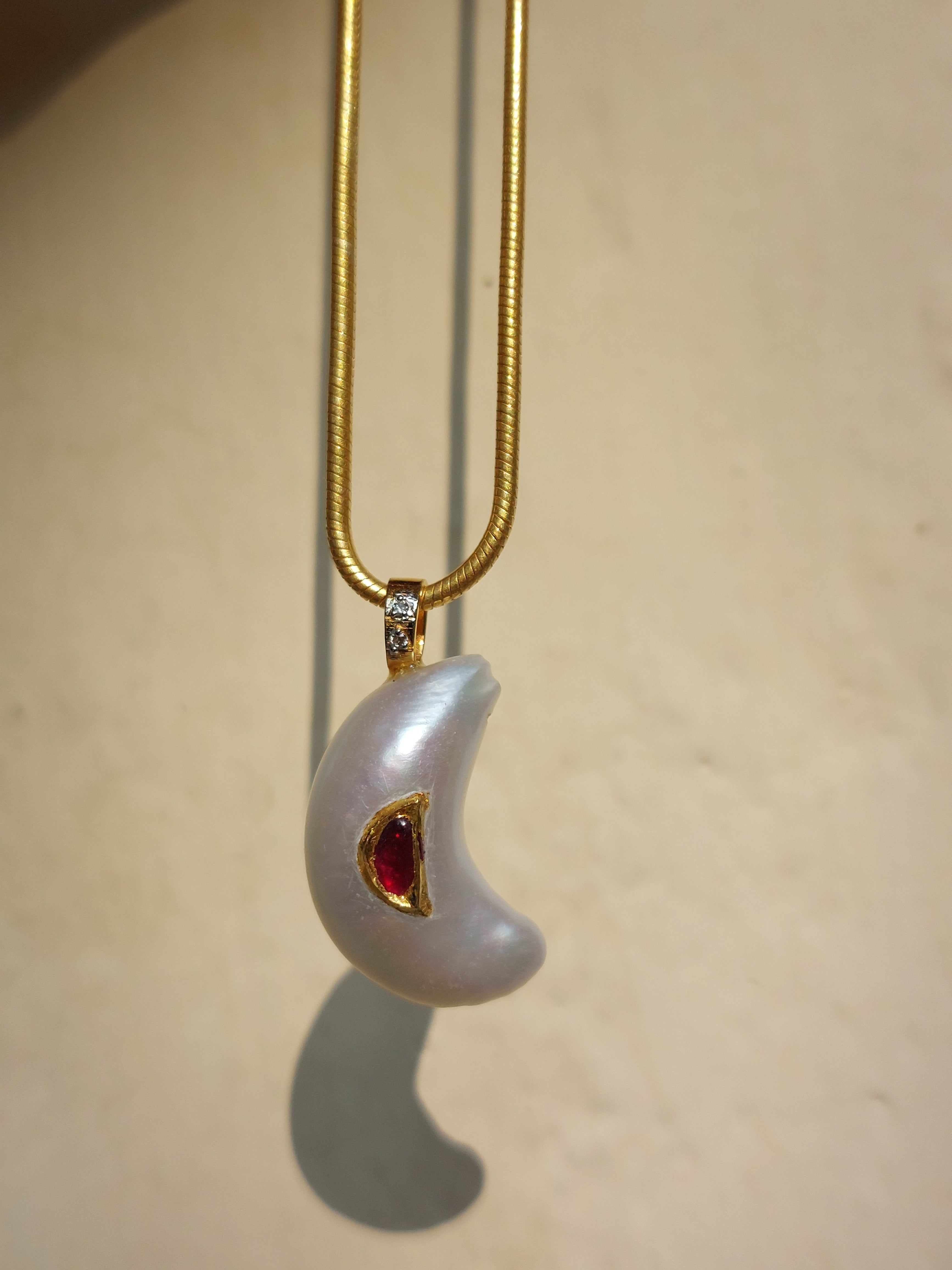 18K 24K gold cultured pearl and ruby diamond pendant product photo