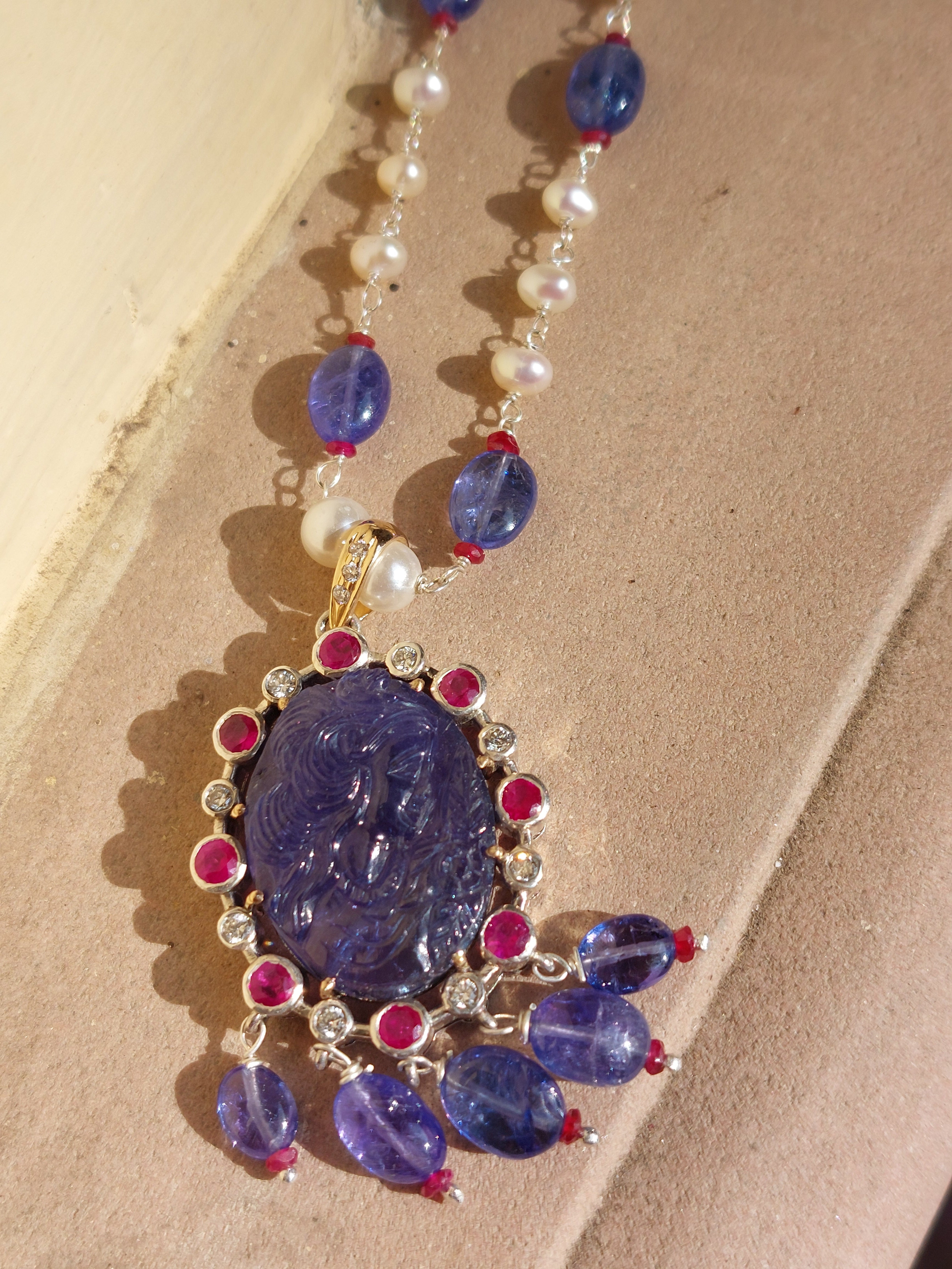 Carved Oval Tanzanite & Ruby Diamond Mala